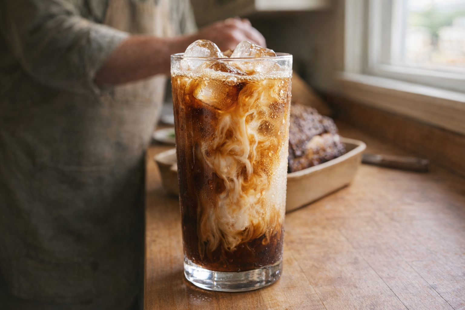 A tall glass of iced coffee with ice cubes, a splash of milk swirling in, condensation on the glass, light reflecting off the ice